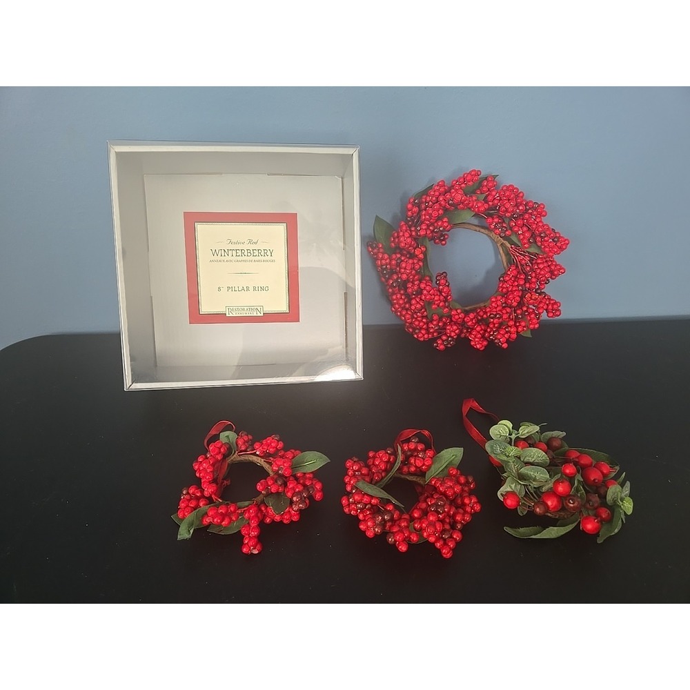 Restoration Hardware Winterberry 8" Pillar Ring Wreath Red Berry Cluster